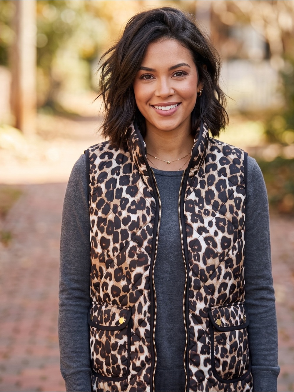 Leopard Cheetah Print Women’s Quilted Puffer Fall Vest Gold Accents Pockets XL